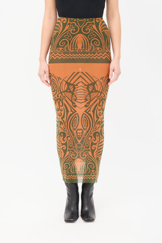 Jean Paul Gaultier SS 1996 Orange 
Green Mesh Printed Midi Skirt