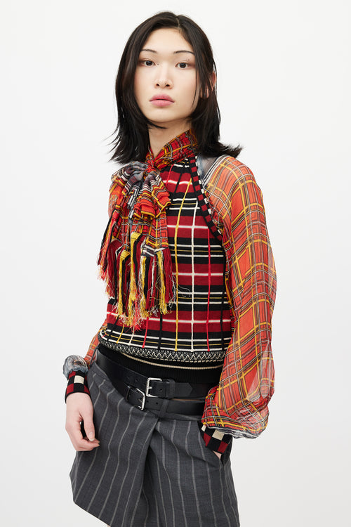 Jean Paul Gaultier Red 
Multicolour Plaid Knit Scarf Top