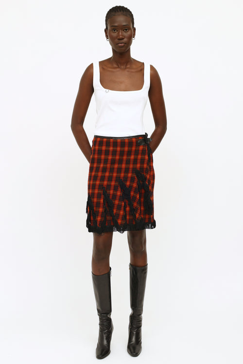 Jean Paul Gaultier Burgundy 
Black Plaid Fringe Skirt