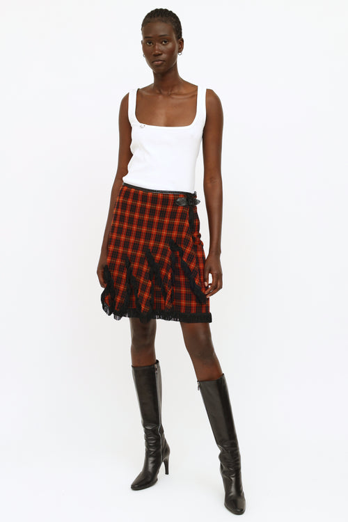 Jean Paul Gaultier Burgundy 
Black Plaid Fringe Skirt