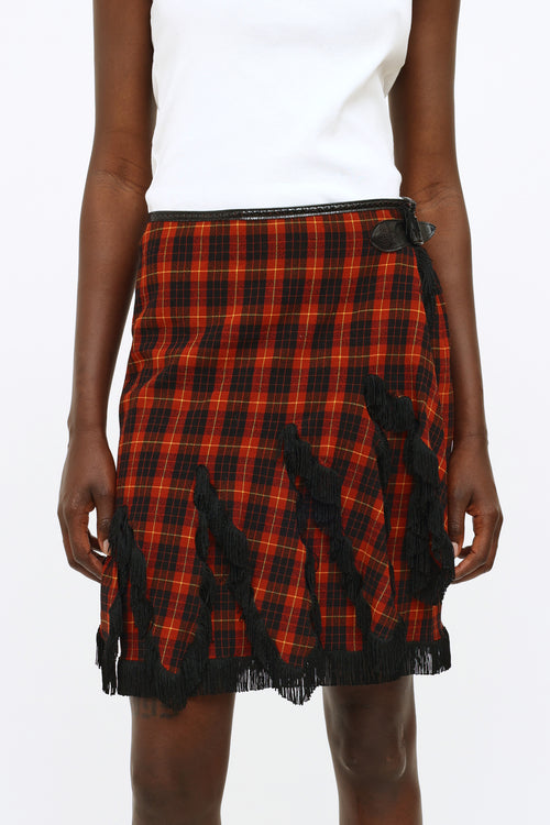 Jean Paul Gaultier Burgundy 
Black Plaid Fringe Skirt