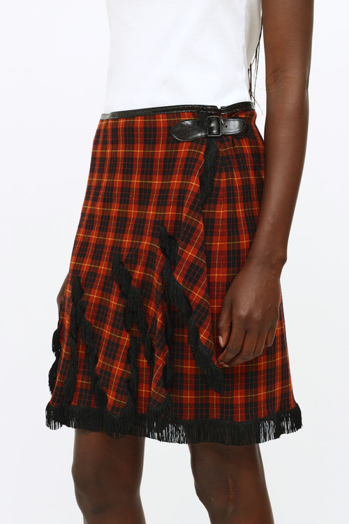 Jean Paul Gaultier Burgundy 
Black Plaid Fringe Skirt