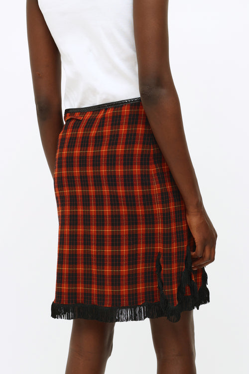 Jean Paul Gaultier Burgundy 
Black Plaid Fringe Skirt