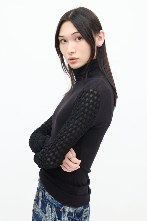 Jean Paul Gaultier Soleil Black Mesh Layered Turtleneck Top