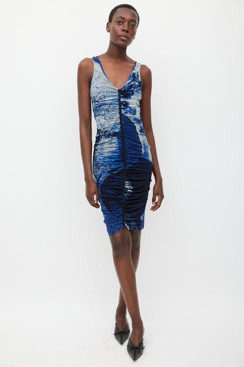 Jean Paul Gaultier Soleil Blue 
Black Mesh Printed Dress