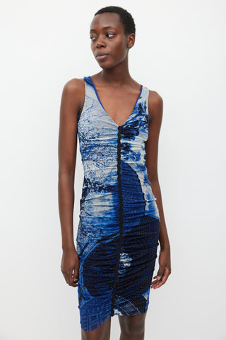 Jean Paul Gaultier Soleil Blue 
Black Mesh Printed Dress