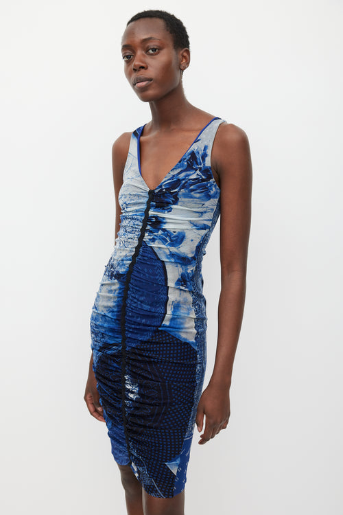 Jean Paul Gaultier Soleil Blue 
Black Mesh Printed Dress