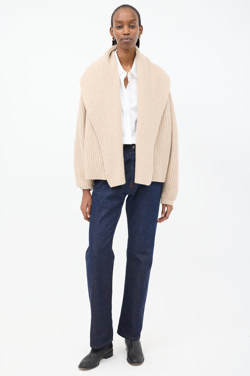 Jil Sander Beige Cashmere Wide Shawl Collar Cardigan