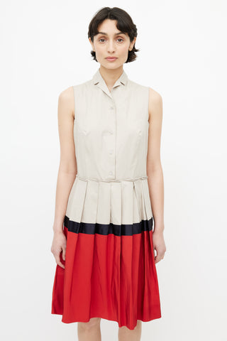 Jil Sander Beige 
Red Pleated Shirt Dress