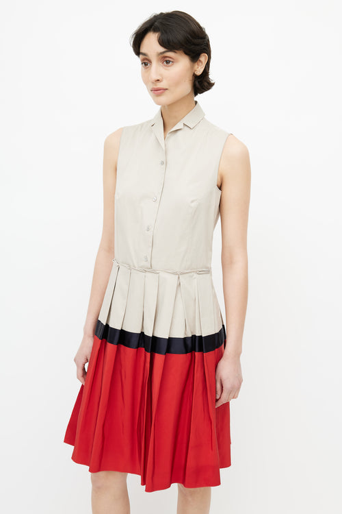 Jil Sander Beige 
Red Pleated Shirt Dress