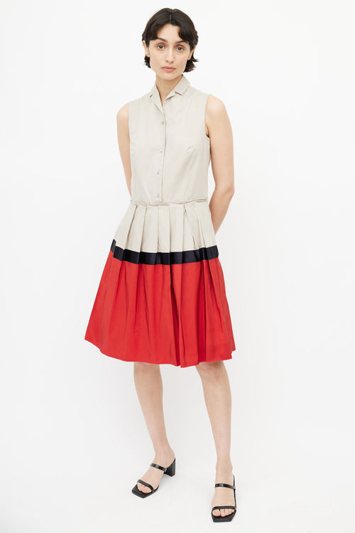 Jil Sander Beige 
Red Pleated Shirt Dress