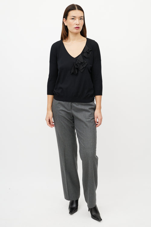 Jil Sander Black Ruffle V-Neck Sweater