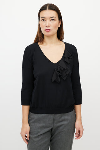 Jil Sander Black Ruffle V-Neck Sweater