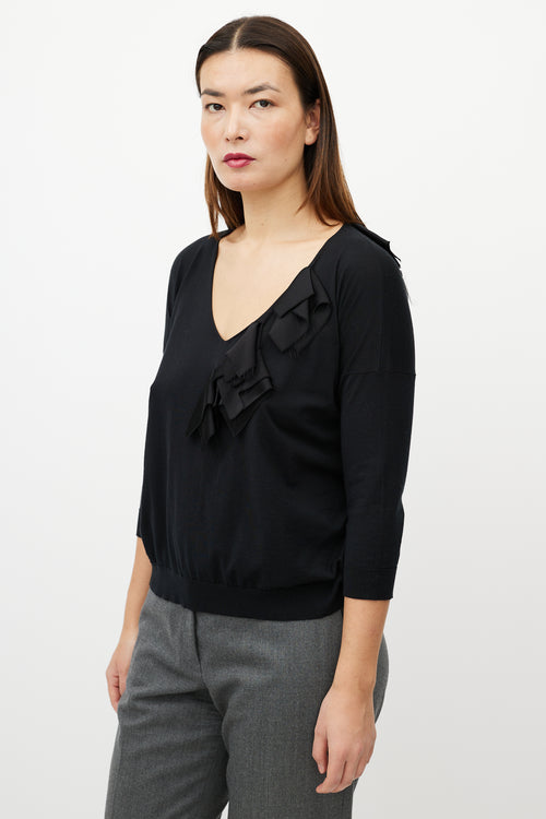 Jil Sander Black Ruffle V-Neck Sweater