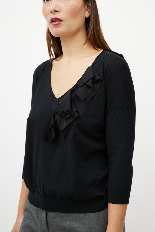 Jil Sander Black Ruffle V-Neck Sweater