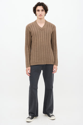 Jil Sander Brown Cashmere Ribbed Knit V-Neck Sweater