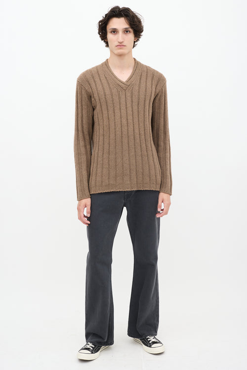 Jil Sander Brown Cashmere Ribbed Knit V-Neck Sweater