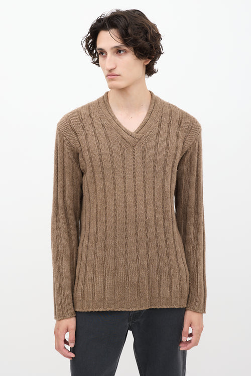 Jil Sander Brown Cashmere Ribbed Knit V-Neck Sweater