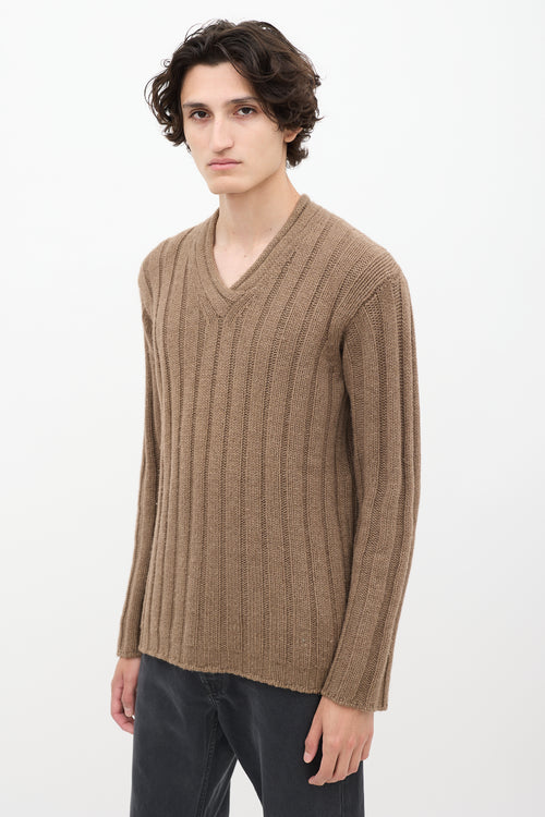 Jil Sander Brown Cashmere Ribbed Knit V-Neck Sweater