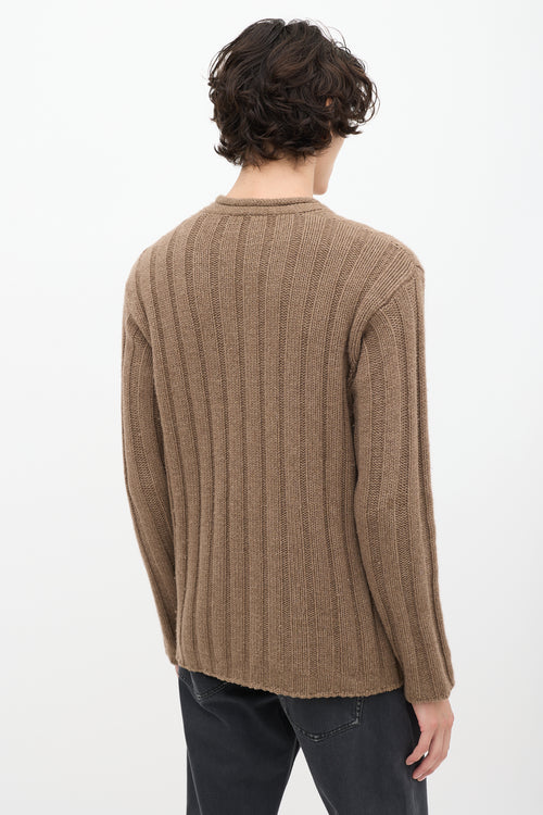 Jil Sander Brown Cashmere Ribbed Knit V-Neck Sweater