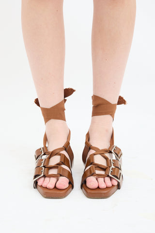 Jil Sander Brown Leather Buckled Lace Up Sandal