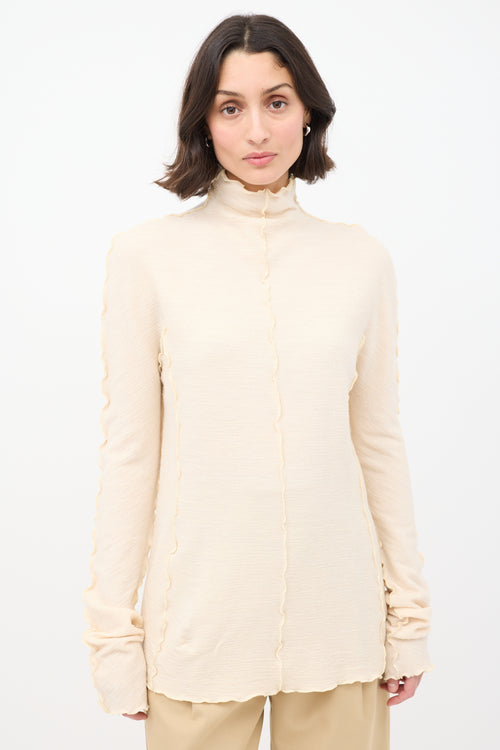 Jil Sander Cream Wool Lettuce Edge Mock Neck Top