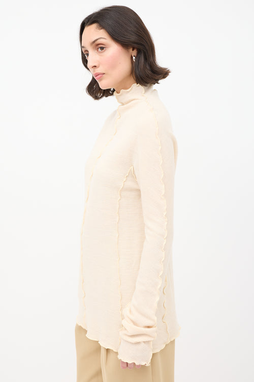 Jil Sander Cream Wool Lettuce Edge Mock Neck Top