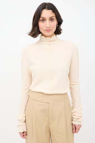 Jil Sander Cream Wool Lettuce Edge Mock Neck Top