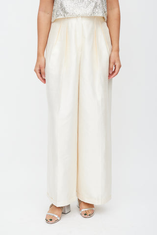 Jil Sander Cream Silk Textured Wide Leg Trouser