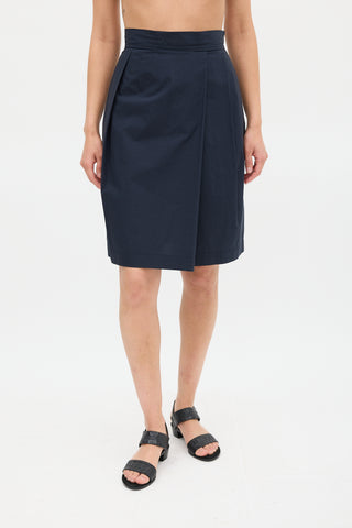 Jil Sander Navy Cotton Pleated Pencil Skirt