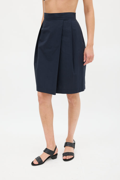 Jil Sander Navy Cotton Pleated Pencil Skirt