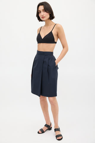 Jil Sander Navy Cotton Pleated Pencil Skirt