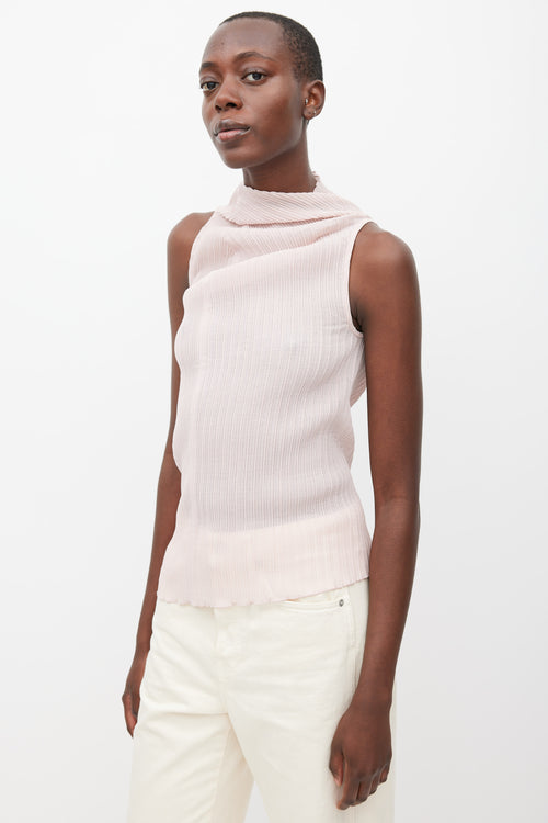 Jil Sander Pink Sheer Pleated Mock Neck Top