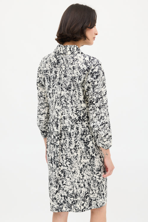 Jil Sander White 
Black Silk Printed Midi Dress