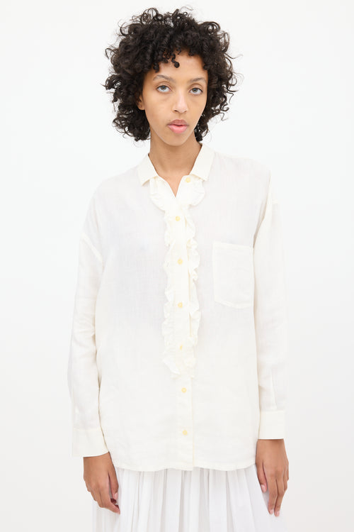 Jil Sander White Linen Semi Sheer Ruffled Shirt