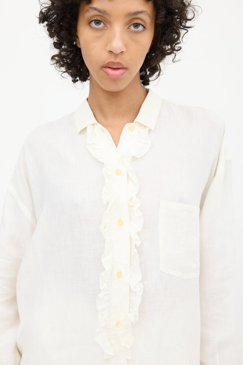 Jil Sander White Linen Semi Sheer Ruffled Shirt