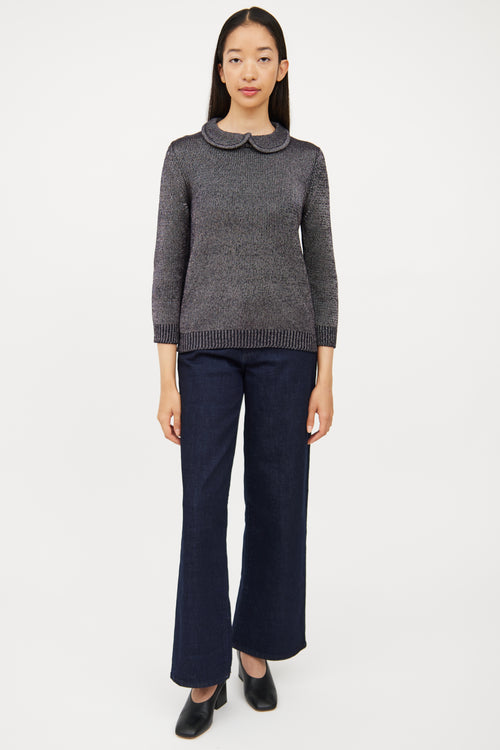 Jil Sander Navy Sparkle Knit Collar Top