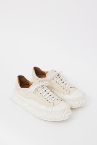 Jil Sander Beige 
White Canvas 
Rubber Platform Sneaker