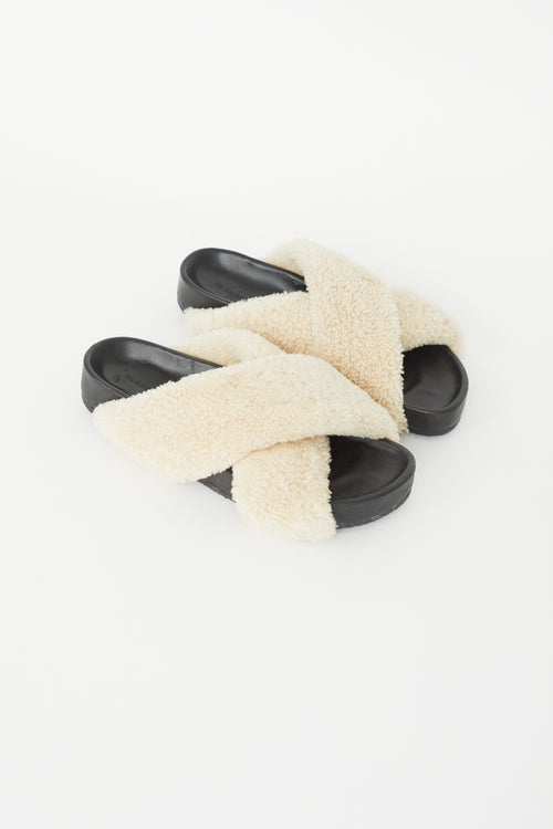 Jil Sander Cream Shearling Criss Cross Slide Mule