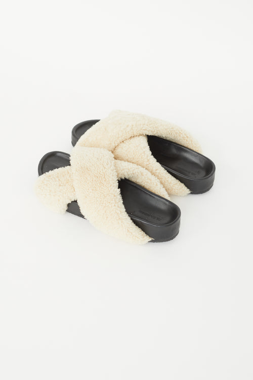 Jil Sander Cream Shearling Criss Cross Slide Mule