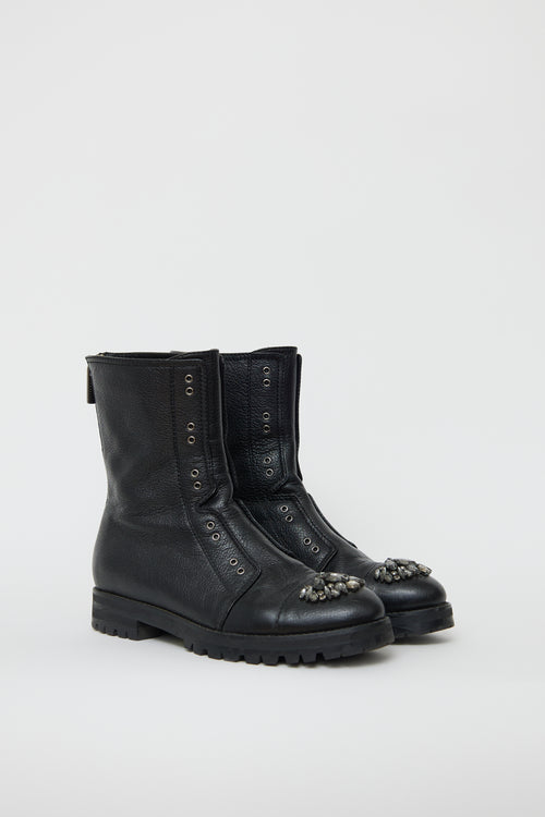 Jimmy Choo Black Leather Hatcher Jewel Combat Boot