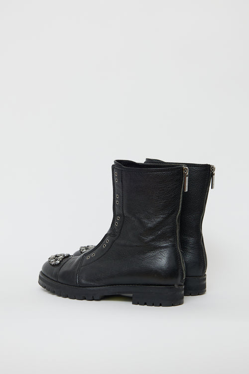 Jimmy Choo Black Leather Hatcher Jewel Combat Boot