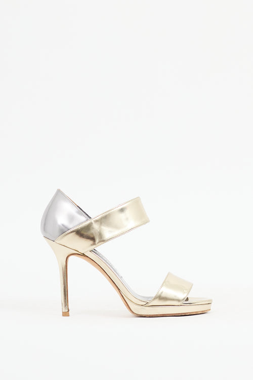 Jimmy Choo Gold 
Silver Patent Leather Alana Sandal