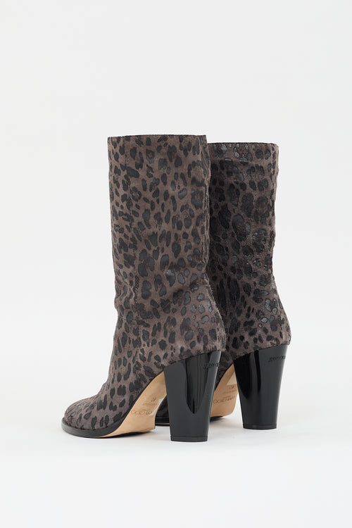 Jimmy Choo Grey Suede 
Black Leather Printed Boot