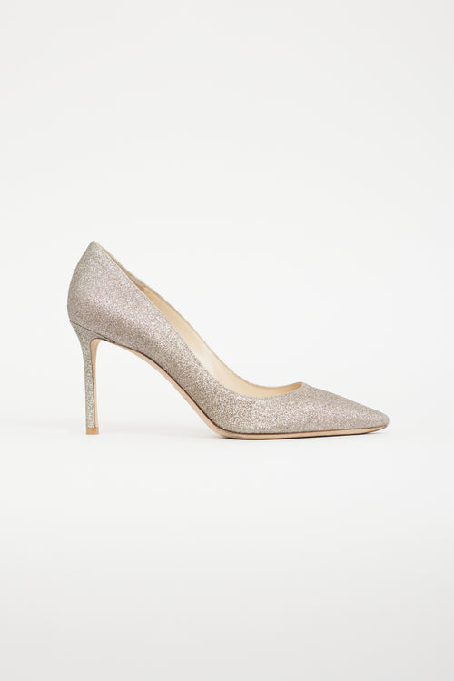 Jimmy Choo Silver Romy 85 Glitter Heel