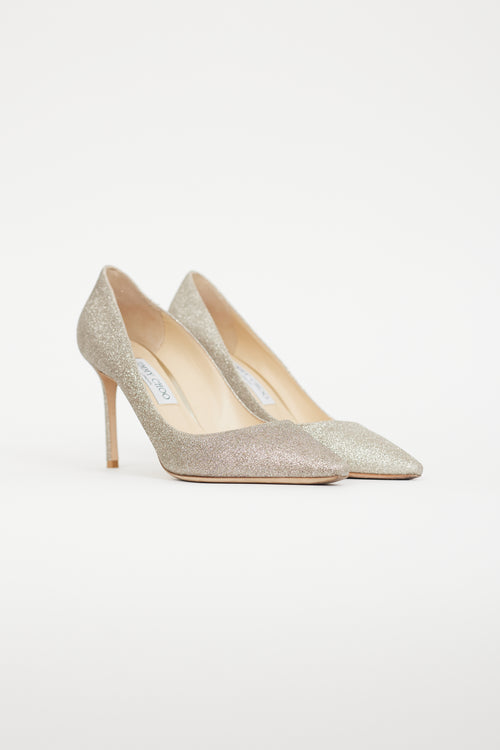 Jimmy Choo Silver Romy 85 Glitter Heel