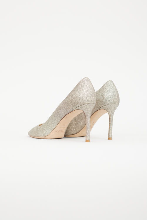 Jimmy Choo Silver Romy 85 Glitter Heel