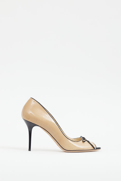 Jimmy Choo Beige 
Black Patent Peep Toe Pump