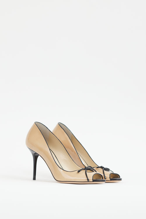 Jimmy Choo Beige 
Black Patent Peep Toe Pump