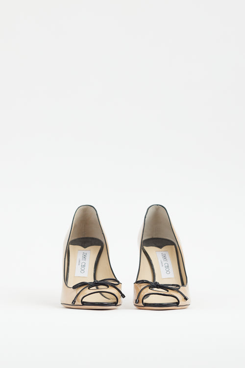 Jimmy Choo Beige 
Black Patent Peep Toe Pump